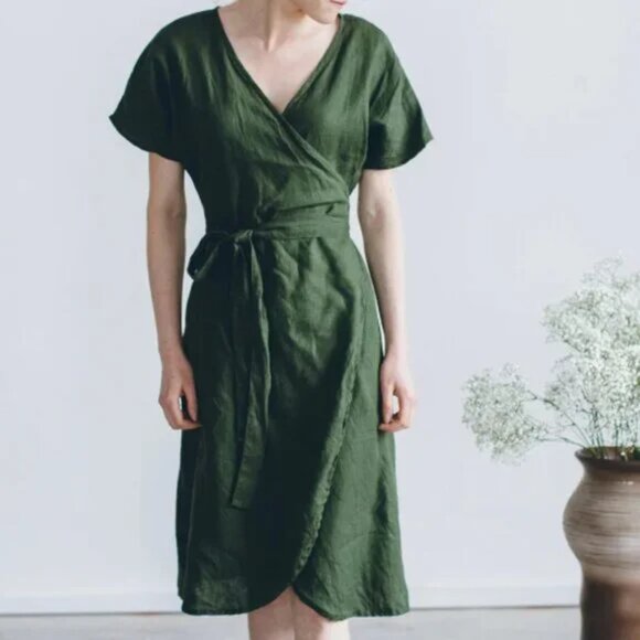 Linenfox Mimosa Linen Wrap Dress Green Pockets Timeless Ethical Sz S/M B18 - Picture 2 of 9